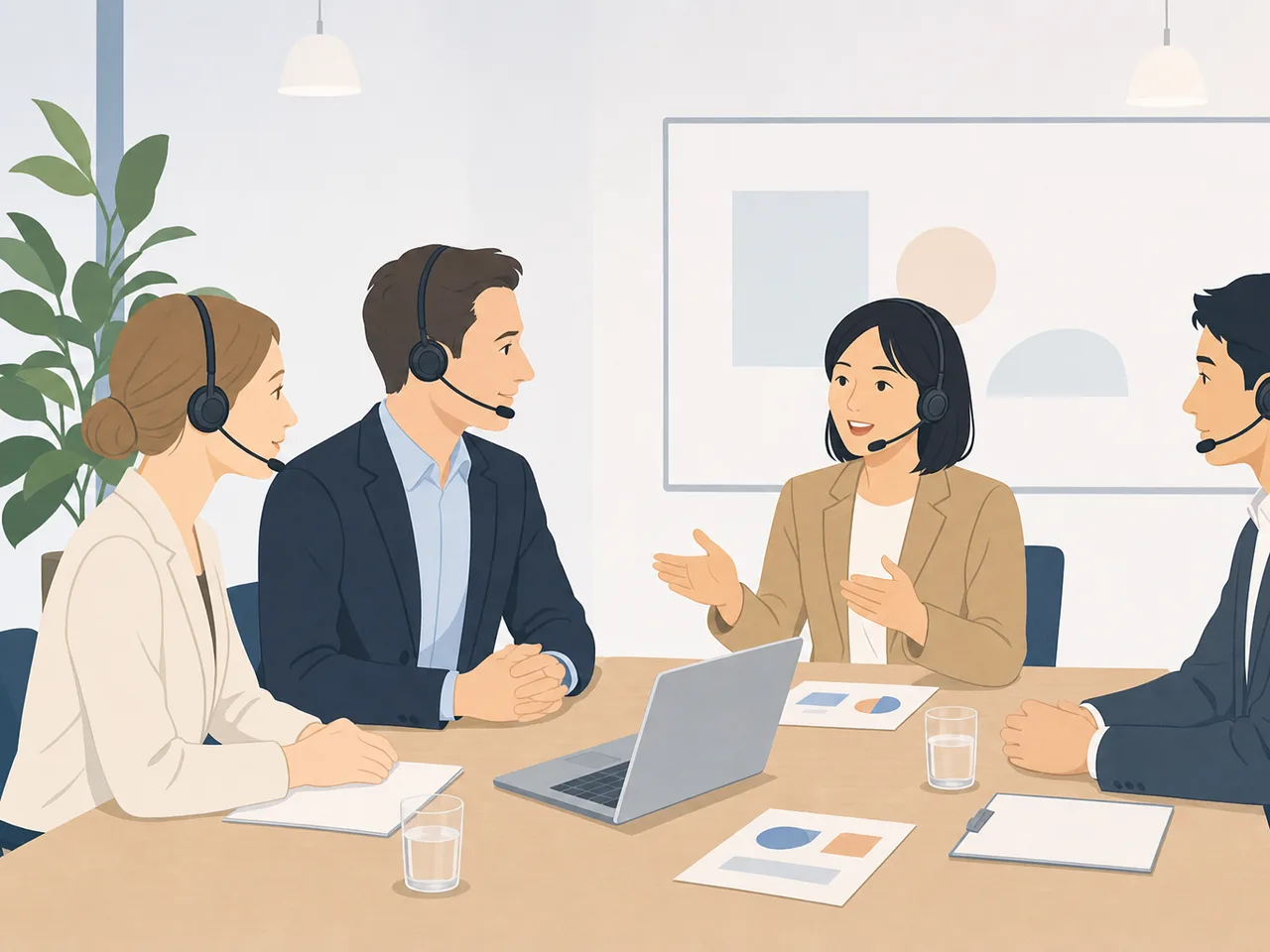 国際会議を支える日本人通訳者（フラットイラスト）。通訳、国際会議、多言語対応、ビジネス交流の記事向け素材です。