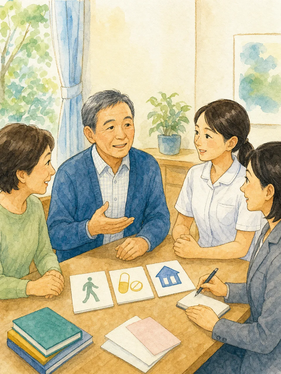 退院後の生活を計画する日本人家族（手描き水彩）。退院支援、退院調整、医療ソーシャルワーカー、家族相談の記事や案内に使える商用素材です。