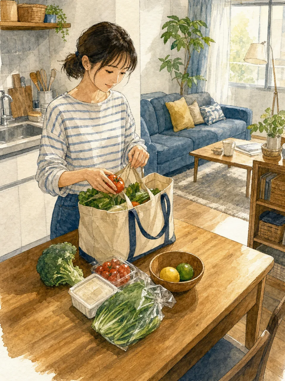 一人暮らしをする日本人女性（手描き水彩）。一人暮らしの女性、家事、リラックス、暮らしの記事向け素材です。