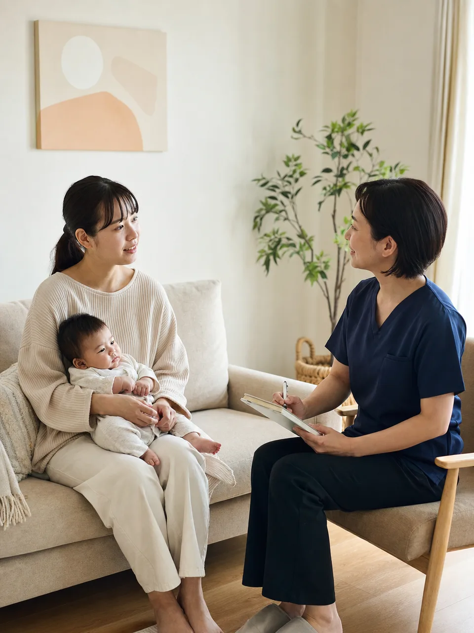 産後健診を受ける日本人の母親（自然な縦位置写真）。産後健診、産後ケア、母親支援、助産師の記事や案内に使える商用素材です。