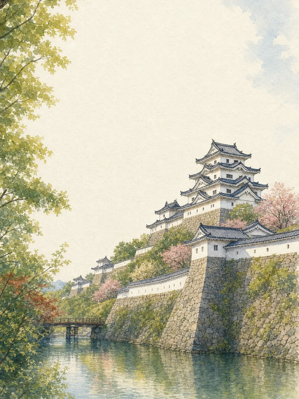 日本の城と四季の風景（水彩フレーム）。日本の城、歴史、国内旅行、観光デザインに使える背景素材です。