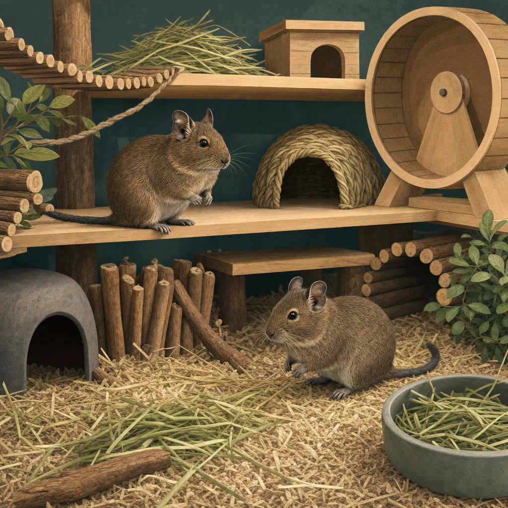 仲間と暮らすデグー（編集記事向け）。デグー、小動物、ペット、多頭飼育の記事や案内に使える商用素材です。