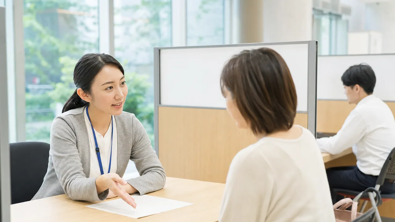 市役所窓口で案内する日本人公務員（横長・コピースペース）。公務員、市役所、行政サービス、窓口対応の記事向け素材です。