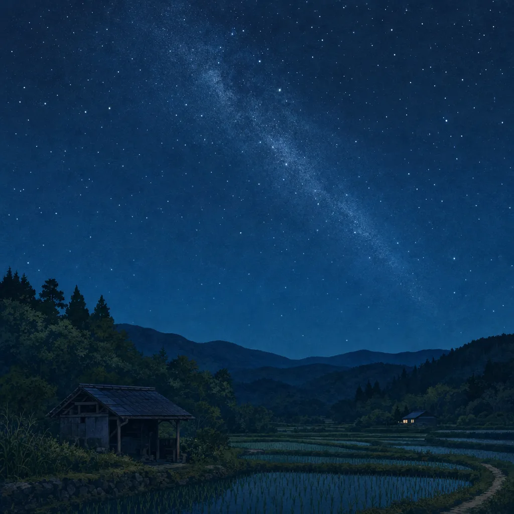 日本の里山に広がる星空（正方形デザイン）。星空、夜空、里山、自然背景のデザインに使える素材です。