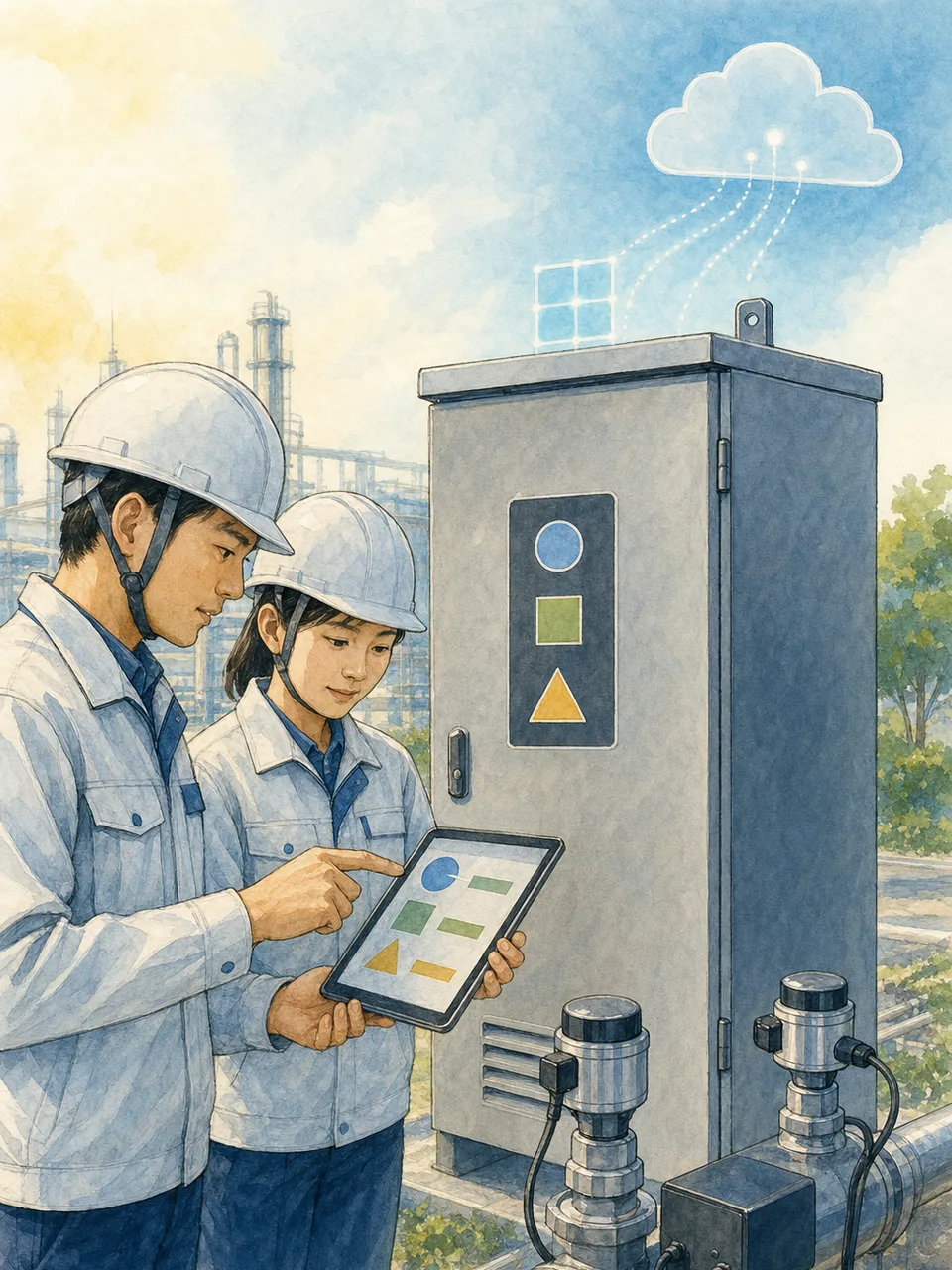 エッジコンピューティングを運用する日本人（手描き水彩）。エッジコンピューティング、IoT、分散処理、システム運用の記事や案内に使える商用素材です。
