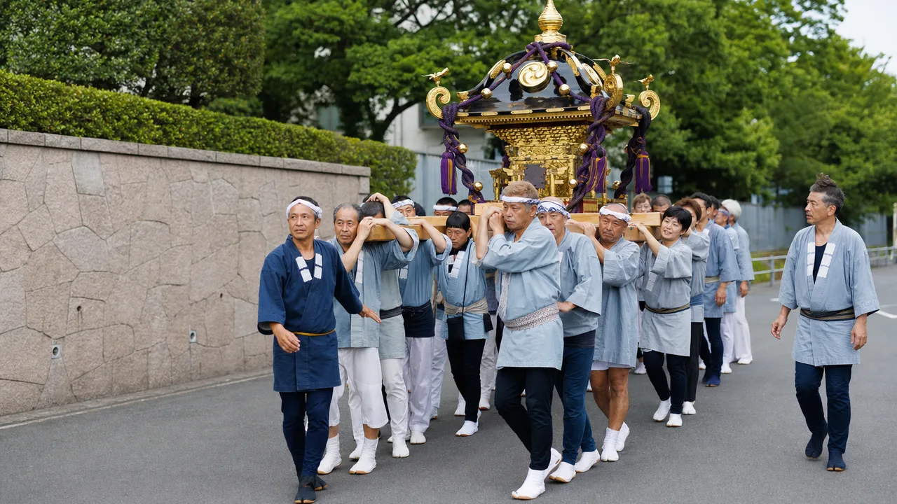 神輿を支える日本人地域住民（横長・コピースペース）。神輿、地域祭り、伝統行事、祭礼の記事や案内に使える商用素材です。