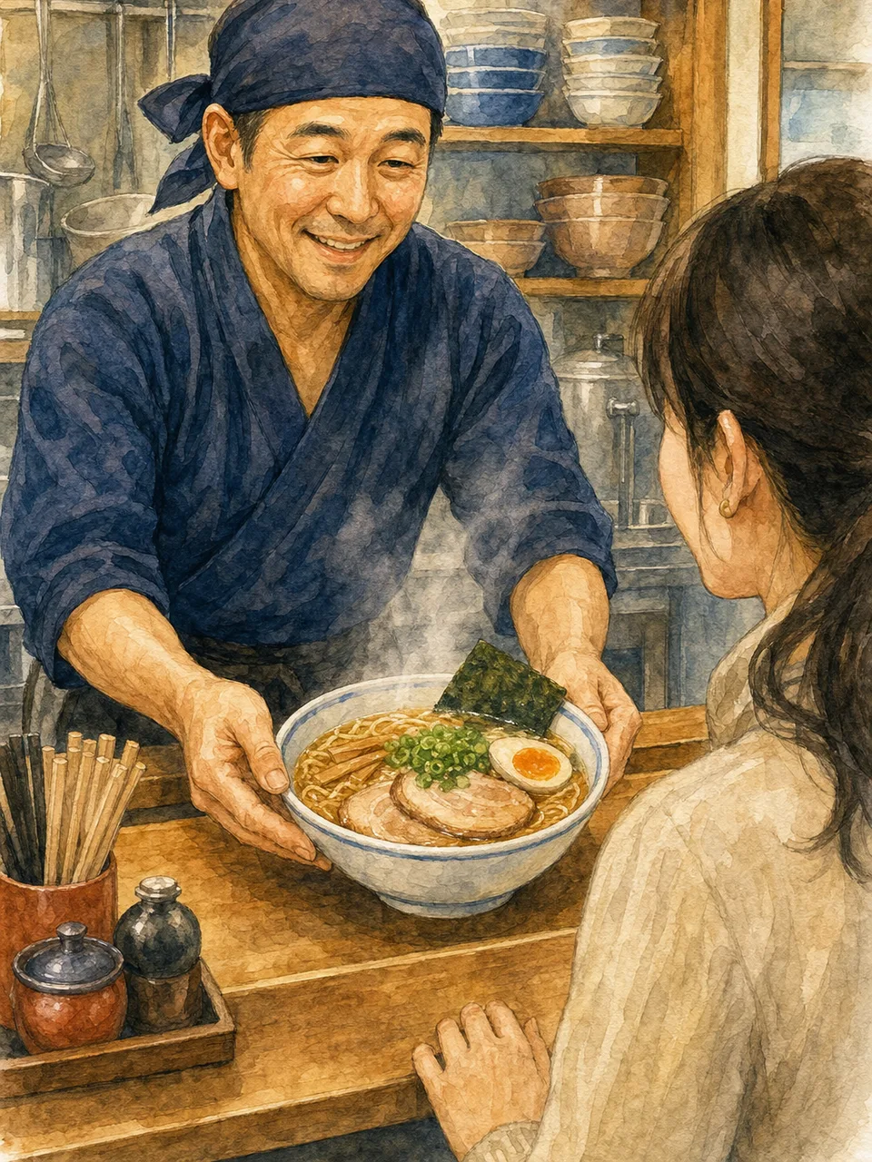 ラーメンを提供する日本人店主（手描き水彩）。飲食店、外食、地域グルメ、求人記事に使えるラーメン店の素材です。