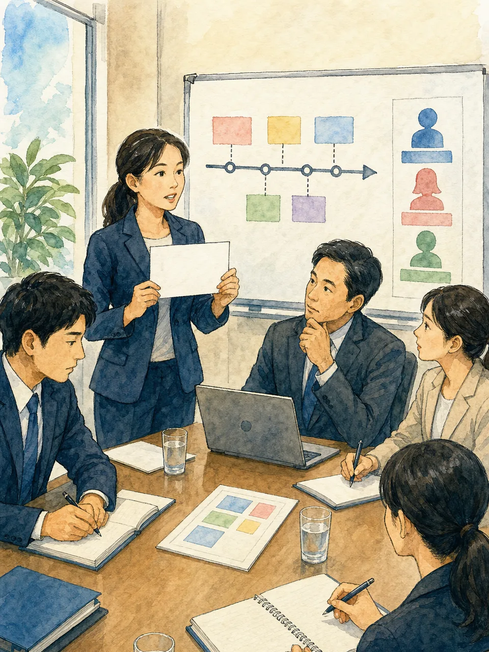 危機広報を訓練する日本人チーム（手描き水彩）。危機広報、広報訓練、緊急対応、情報発信の記事や案内に使える商用素材です。
