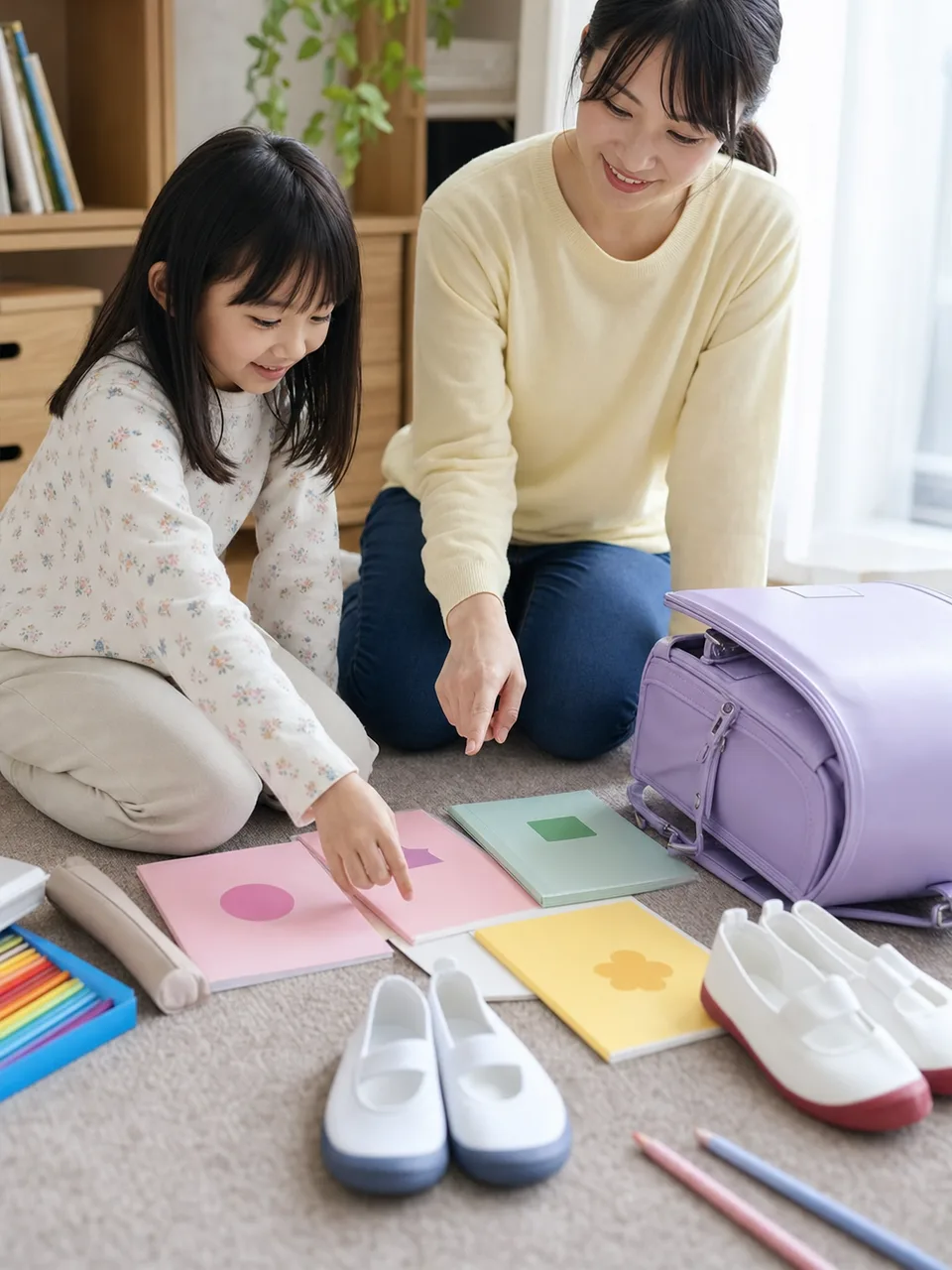 入学準備をする日本人親子（自然な縦位置写真）。入学準備、新生活、小学生、親子の記事向け素材です。