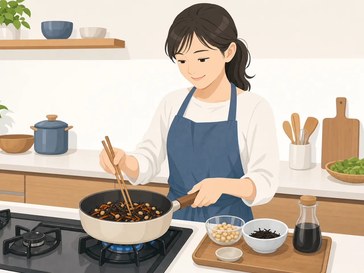 ひじきの煮物を作る日本人（フラットイラスト）。ひじきの煮物、ひじき料理、家庭料理、和食の記事や案内に使える商用素材です。