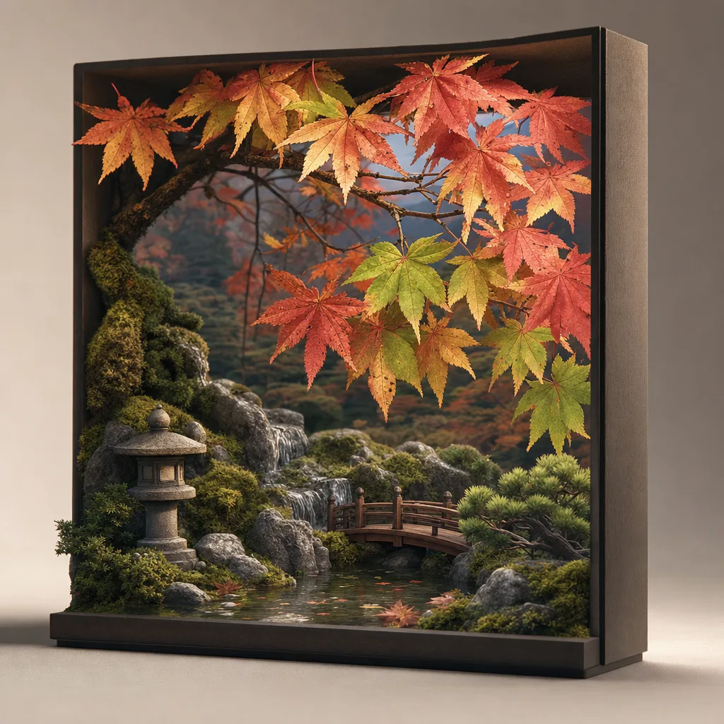 自然光に映える日本のもみじ（立体ディスプレイ）。もみじ、楓、紅葉、秋の自然向け素材です。