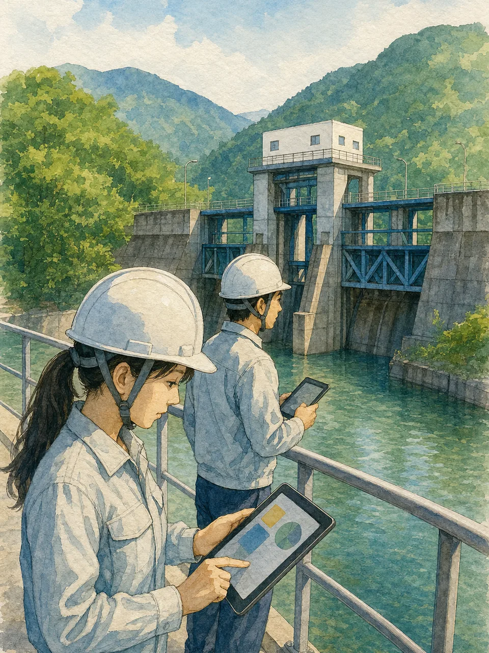 水力発電設備を点検する日本人技術者（手描き水彩）。水力発電、ダム点検、再生可能エネルギー、発電設備の記事や案内に使える商用素材です。