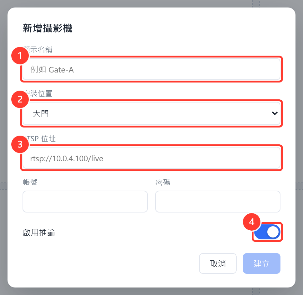 camera-add-01:新增攝影機對話框,標註四個欄位