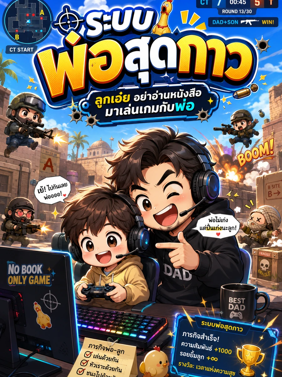 ปก ระบบพ่อสุดกาว ลูกเอ๋ย อย่าอ่านหนังสือ มาเล่นเกมกับพ่อ