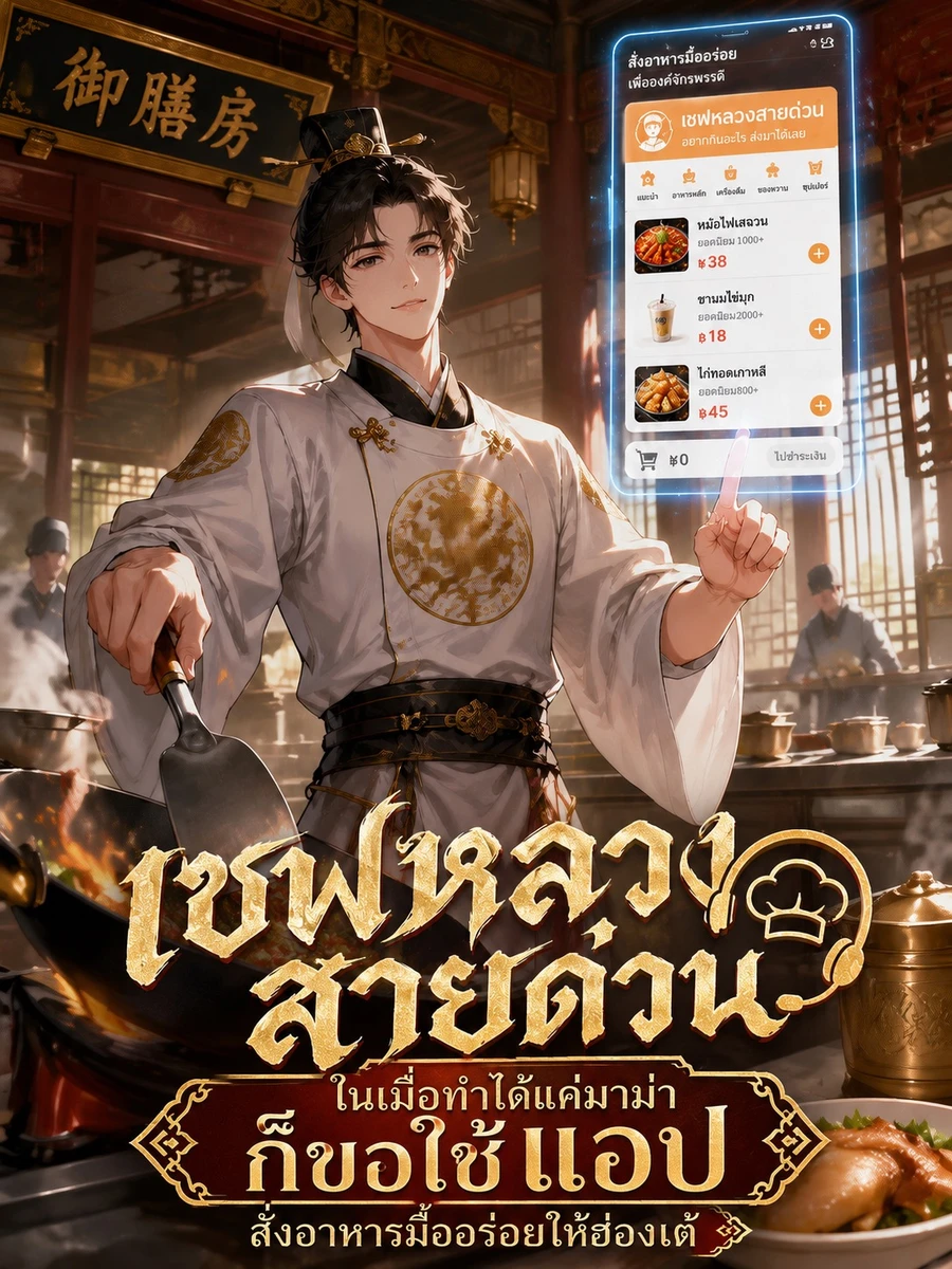 ปก เชฟหลวงสายด่วน ในเมื่อทําได้แค่มาม่า ก็ขอใช้แอป สั่งอาหารมื้ออร่อยให้ฮ่องเต้แล้วกัน