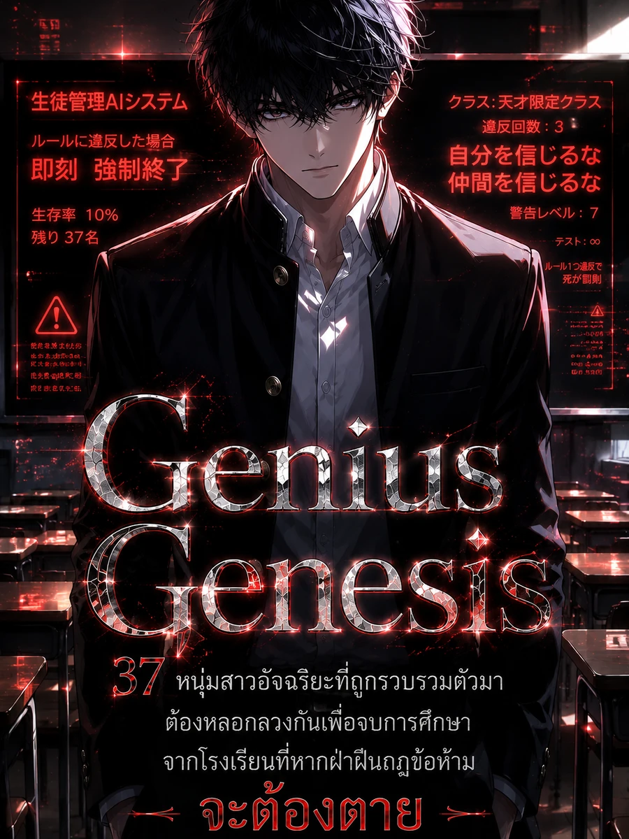 ปก Genius Genesis - 37 หนุ่มสาวอัจฉริยะที่ถูกรวบรวมตัวมา ต้องหลอกลวงกันเพื่อจบการศึกษาจากโรงเรียนที่หากฝ่าฝืนกฎข้อห้ามจะต้องตาย ~