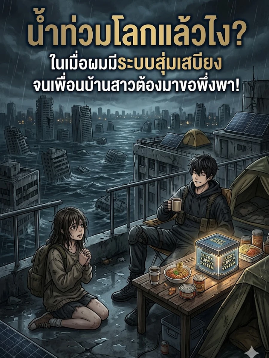 ปก น้ําท่วมโลกแล้วไง? ในเมื่อผมมีระบบสุ่มเสบียงจนเพื่อนบ้านสาวต้องมาขอพึ่งพา!