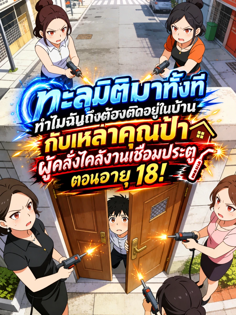 ปก ทะลุมิติมาทั้งที ทําไมฉันถึงต้องติดอยู่ในบ้านกับเหล่าคุณป้าผู้คลั่งไคล้งานเชื่อมประตูตอนอายุ 18