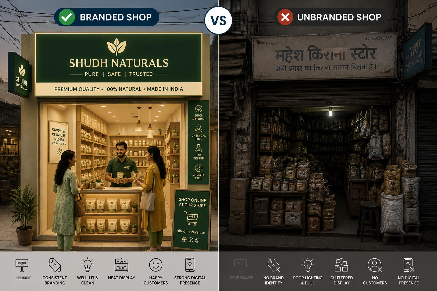 Two shops selling the same product with different branding and customer response