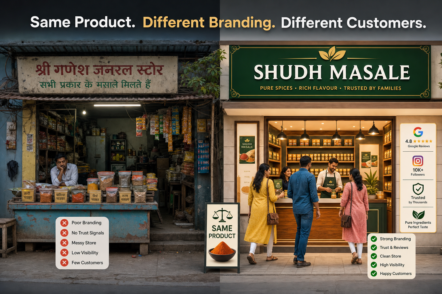 Two shops selling the same product with different branding and customer response