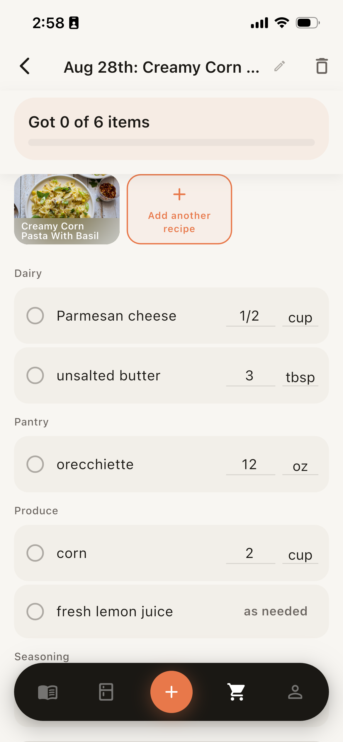 The Recipeatz grocery list screen