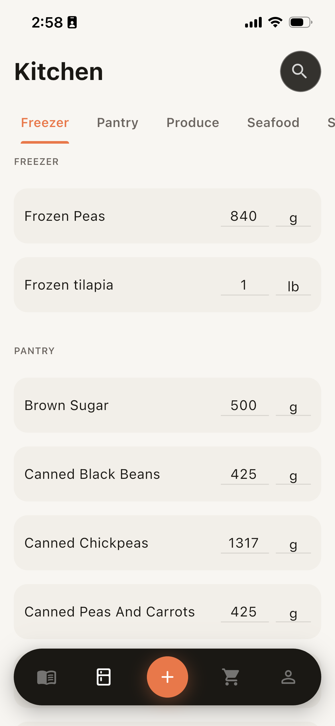 The Recipeatz kitchen inventory screen