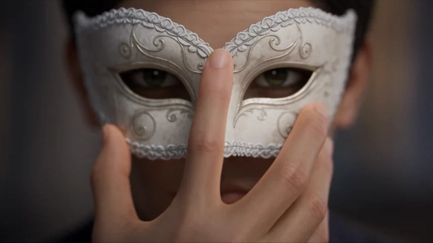 黒髪の人物が、指のあいだから覗くように白い仮面を顔に当てている