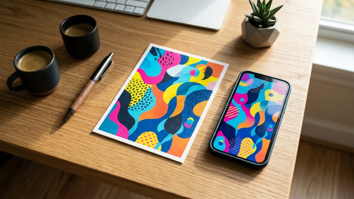 A colorful, high-quality postcard resting on a wooden desk next to a smartphone displaying a matching digital ad.