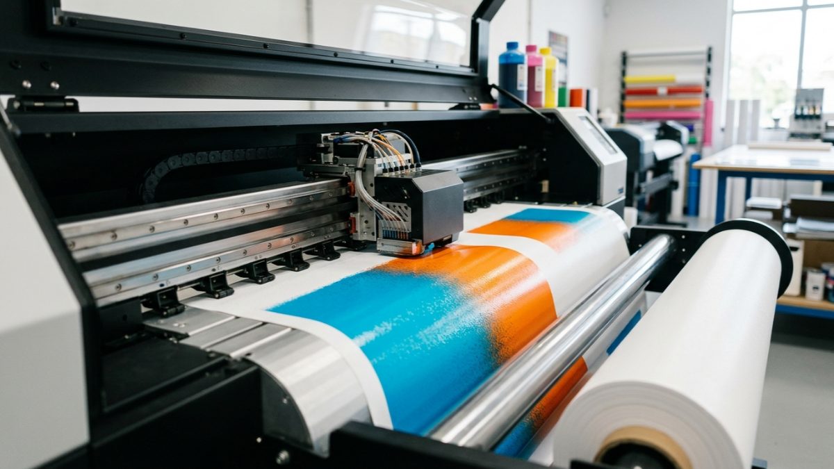 A professional wide-format printing press printing a colorful design on a large roll of vinyl.