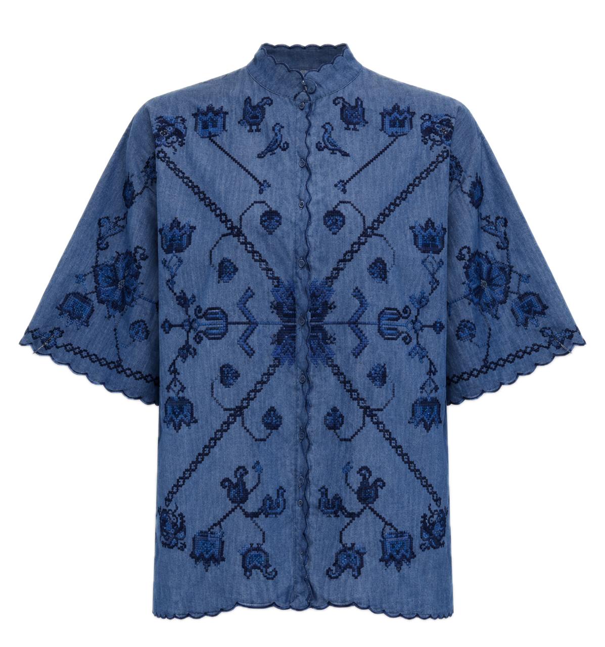 Camisa Bordada Artesanal – Azul Índigo, de Amalia Bautista