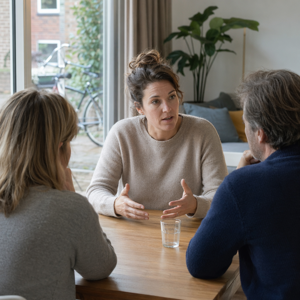 Documentary photo in a typical Dutch living room: an adult woman in her 30s speaking seriously with two adult family members at a dining table, neutral everyday clothing, modern Dutch home interior with large window, bicycle visible outside, simple calm atmosphere, no readable text, no wedding symbols, no legal papers, no religious symbols, no visual clue about the answer