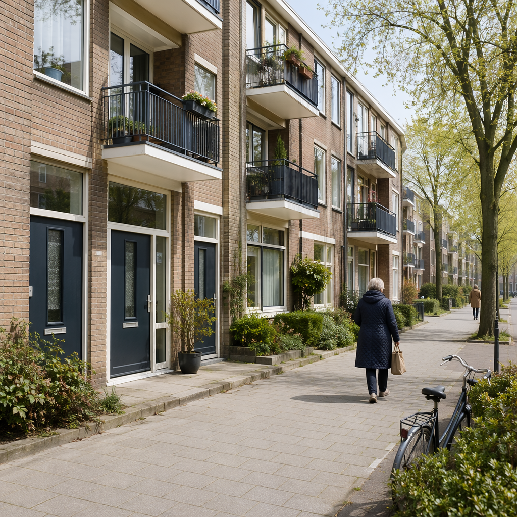 mid-distance documentary photo of a Dutch apartment block facade with balconies and front doors, quiet residential street in the Netherlands, a few residents in the distance, neutral daylight, no readable signs, no house numbers, no text