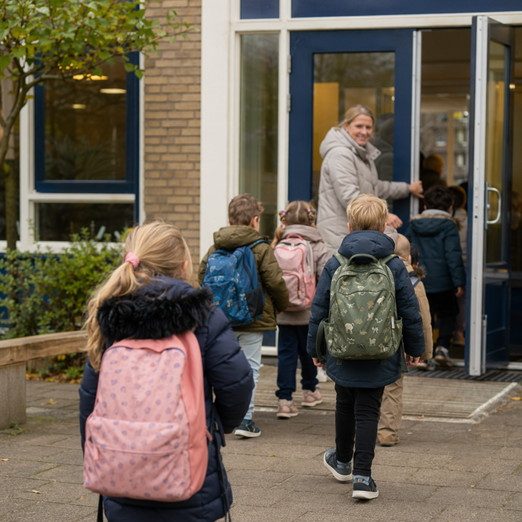 Documentary photo of several young children entering a Dutch primary school in the morning, with backpacks and coats, one adult near the door, realistic Dutch schoolyard, natural light, no readable signs, no numbers, no visual clue about exact age rules