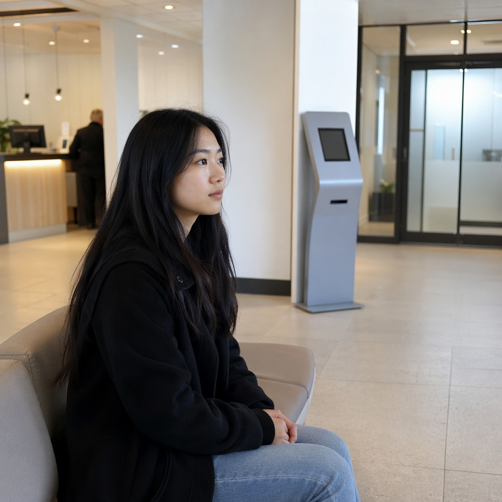 Documentary-style photo in a Dutch civic setting: a young woman with East Asian heritage in her 20s, Mei, waiting in a modern public building hallway with neutral seating, a ticket dispenser, frosted glass doors, and a generic service area in the background; Dutch municipal-style architecture and lighting, no readable text, no logos, no passport booth, no identifiable desk labels, no visible documents, no iconic symbols that reveal the institution