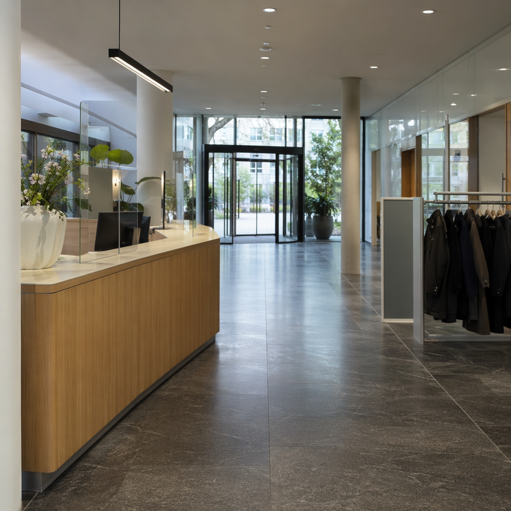 documentary-style photo of a neutral Dutch government office corridor in The Hague, public building interior with glass doors, information desk, coat racks, soft daylight, no readable text, no courtroom, no council chamber, no parliament chamber, no gavels, no ballot box, no legal books in close-up