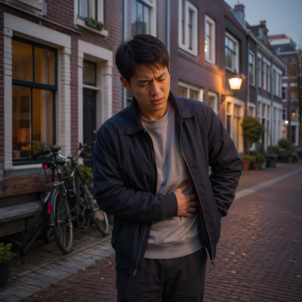 Documentary photo in a Dutch residential street in the evening, brick row houses, parked bicycles, soft street lighting, one young adult East Asian man with dark short hair and a casual jacket standing outside looking uncomfortable and holding his side, no readable text, no medical symbols, no clinic entrance, no ambulance, no pharmacy cross, no numbers
