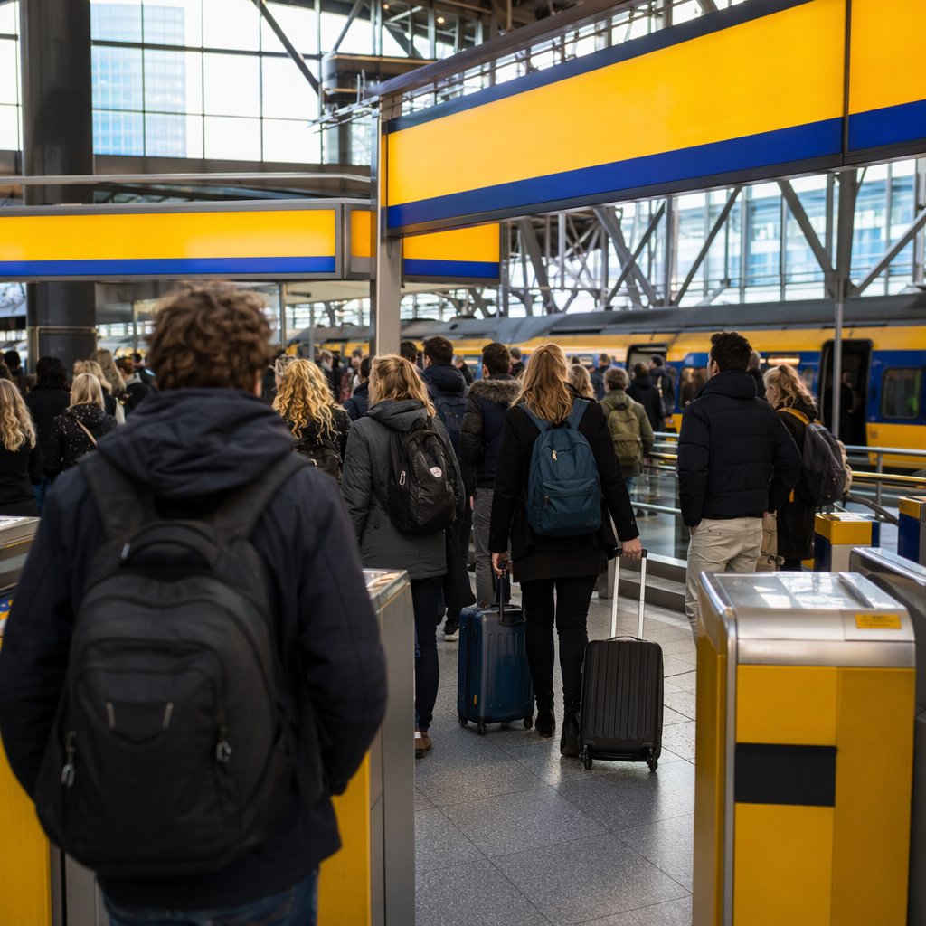 Photoreal Dutch railway station interior in Utrecht during morning rush hour, commuters with backpacks and suitcases near a platform access area, yellow and blue NS atmosphere, no readable signs, no visible platform numbers, no destination text, no clocks showing a clear time, decorative travel context only.