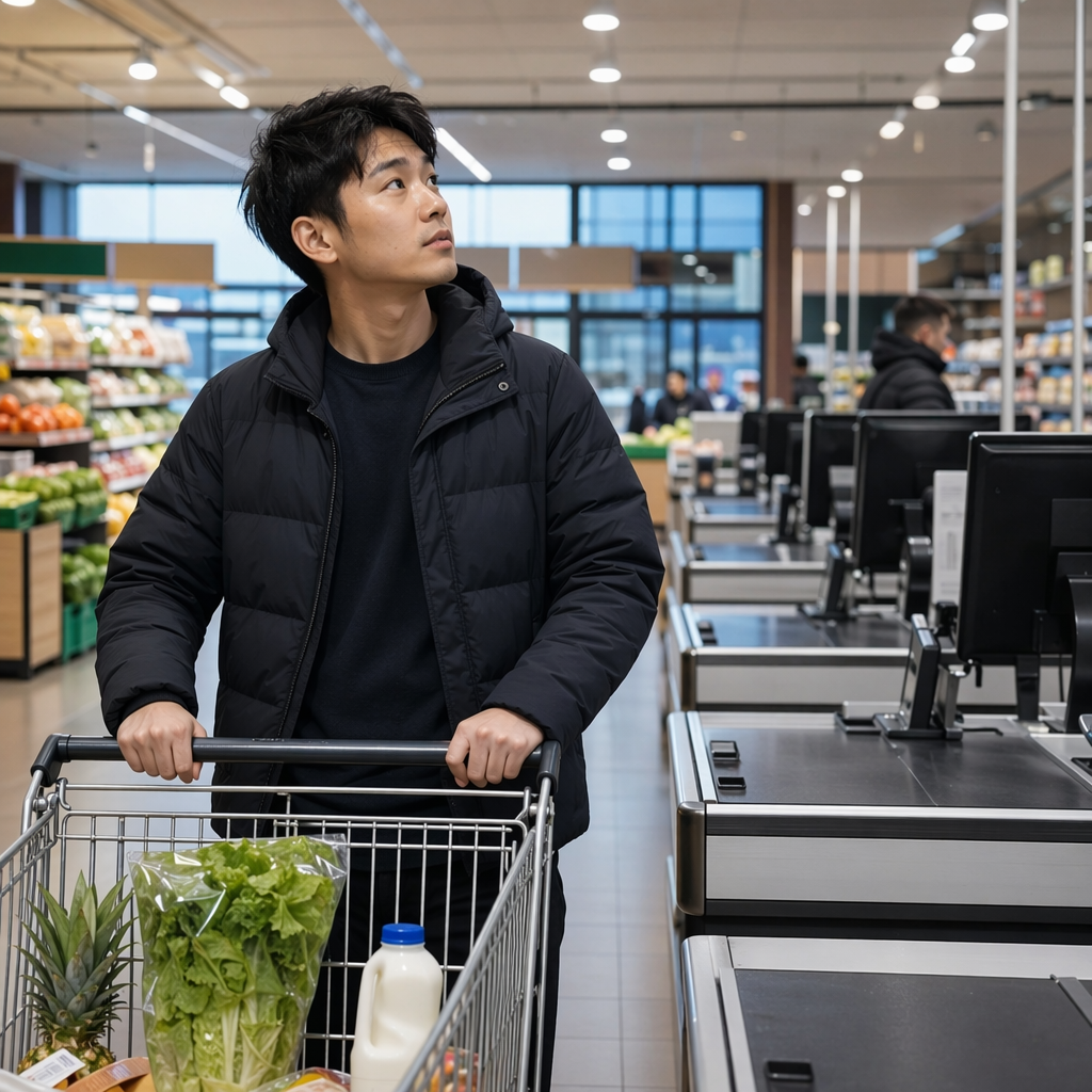 Photoreal Dutch supermarket interior with checkout lanes, shopping carts, grocery shelves, and a young East Asian man in his 20s shopping and listening to an overhead announcement. No readable signs, no visible checkout numbers, no text anywhere, no service desk emphasis, neutral everyday lighting.