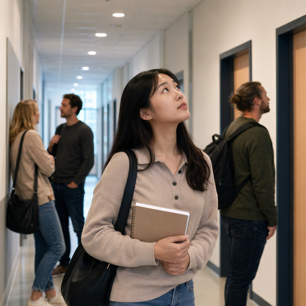 Photoreal hallway in a Dutch adult education school. A young East Asian woman in her 20s stands with a notebook and shoulder bag, listening to an overhead announcement. Neutral corridor, classroom doors in the background, a few other adult learners nearby, no readable signs, no room numbers, no visible text anywhere.