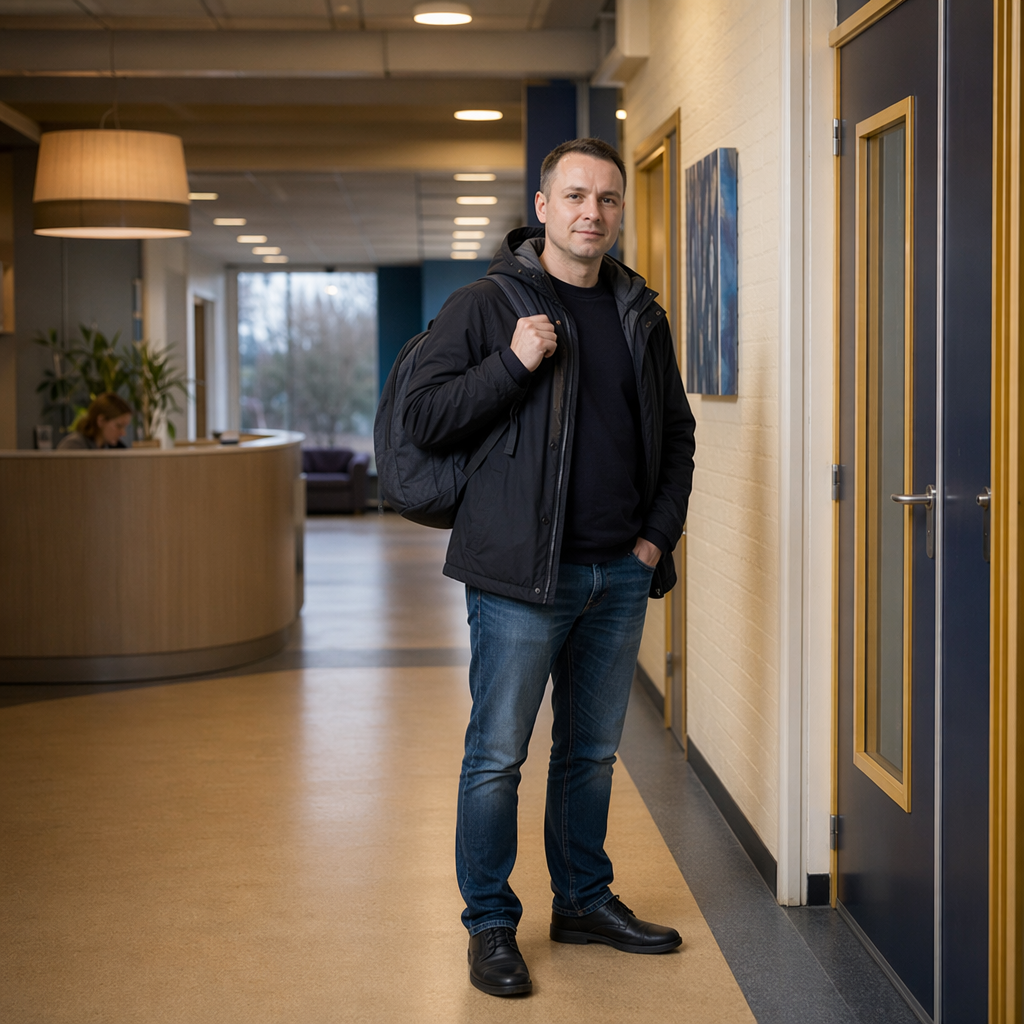Photoreal evening interior of a Dutch adult education center hallway, one Polish heritage man in his 30s waiting calmly with a backpack near classroom doors, reception desk visible in the background, neutral school setting, no readable signs, no room numbers, no clocks, no email screens, no computers showing lesson details.