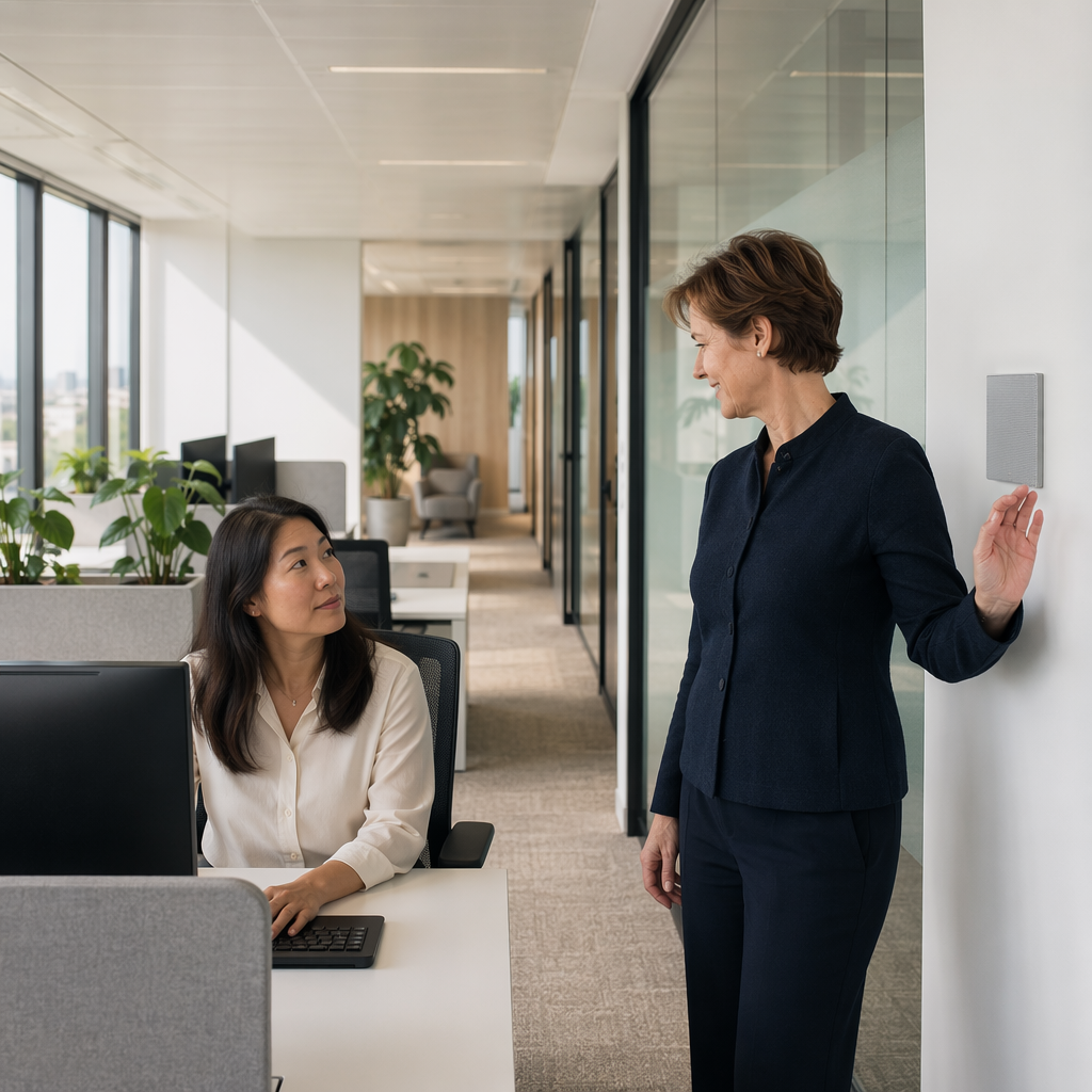 Photoreal modern Dutch office interior in the morning, open-plan desks and a corridor to meeting rooms, one Dutch woman in her 40s with short brown hair in neat office clothing near a wall speaker panel, another East Asian woman in her 30s working at a desk and listening, no readable signs, no room numbers, no clocks, no text anywhere.