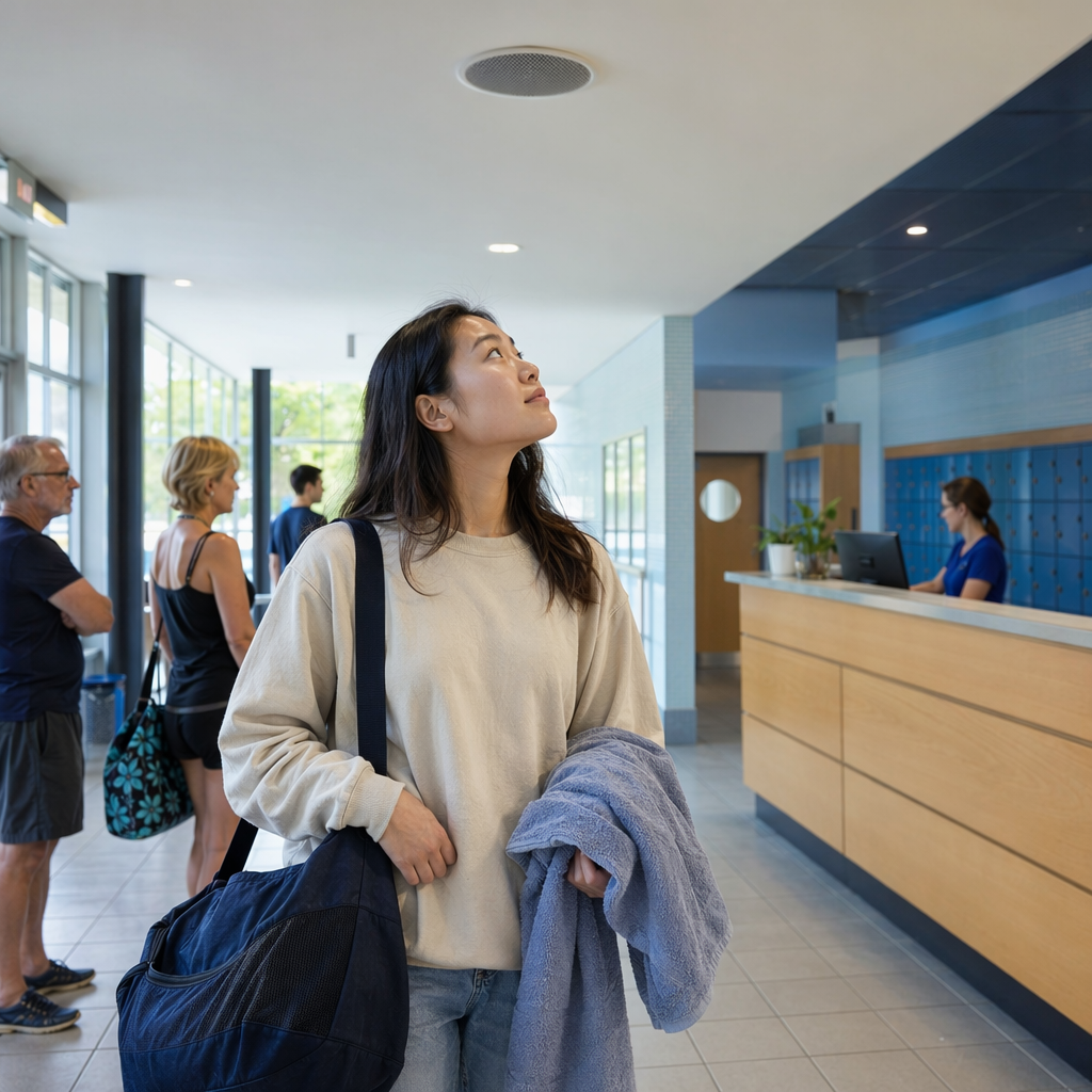 Photoreal indoor Dutch swimming pool entrance area with a young East Asian woman in her 20s listening to an overhead announcement, casual clothes, towel and swim bag, service desk and lockers nearby, a few other visitors waiting, bright pool facility atmosphere, no readable signs, no clocks, no pool names, no text anywhere.