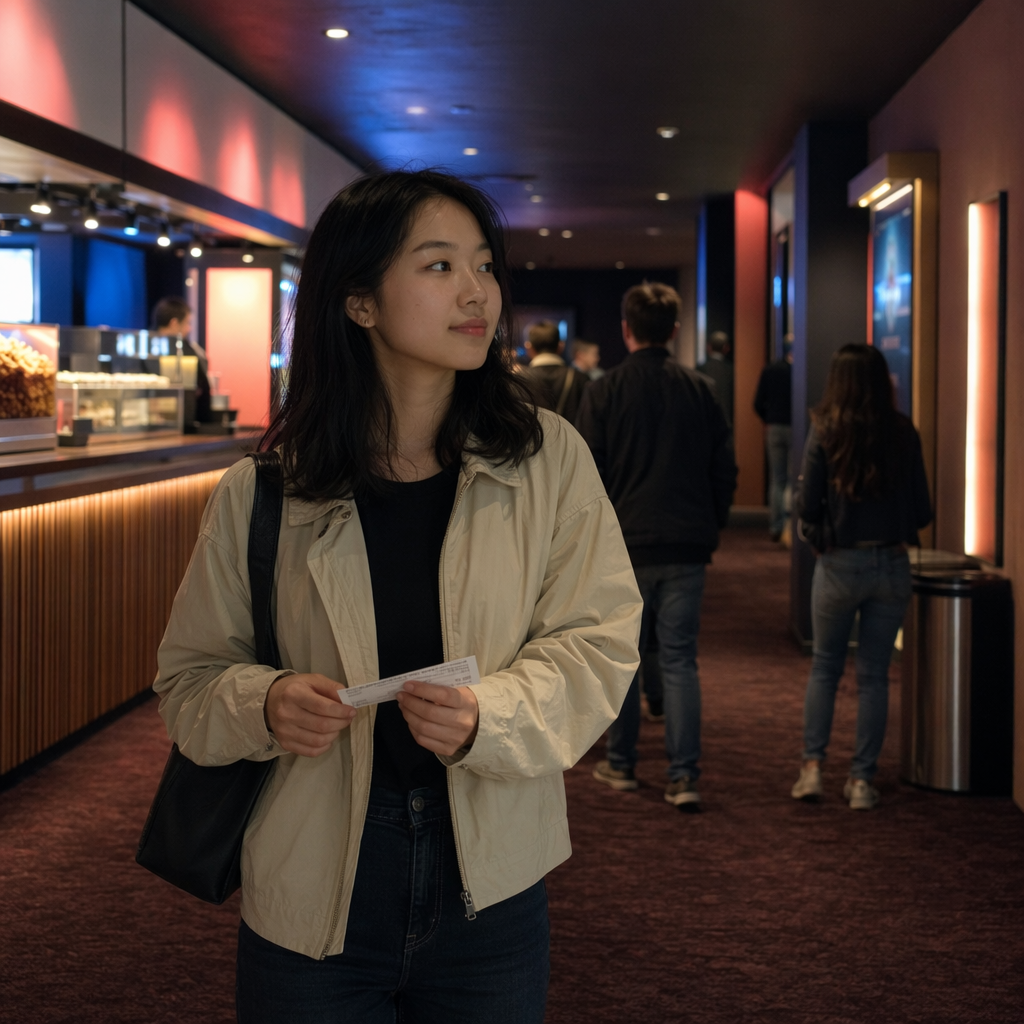 Photoreal evening cinema foyer in the Netherlands with a young adult East Asian woman waiting calmly with a movie ticket, dark shoulder-length hair, casual jacket, a few other visitors in the background, hallway toward screening rooms, soft lobby lighting, snack counter visible, no readable signs, no clocks, no screens with text or numbers.