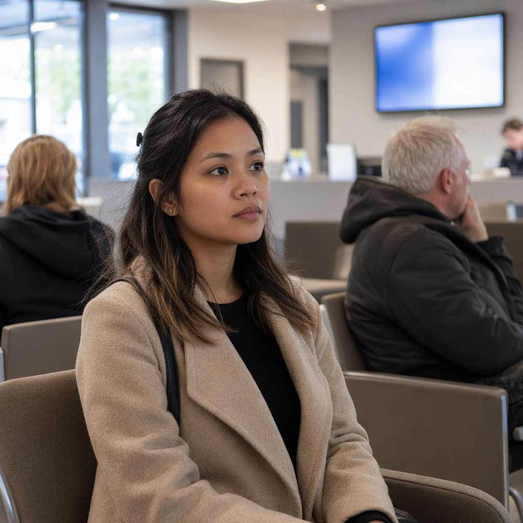Photoreal Dutch municipality waiting room with a young Southeast Asian woman in her late 20s sitting among other visitors, listening toward an unseen speaker area, modern public-service interior, chairs and neutral desks, a blurred digital display without readable text or numbers, no visible counter numbers, no signs revealing any destination, daytime indoor light.