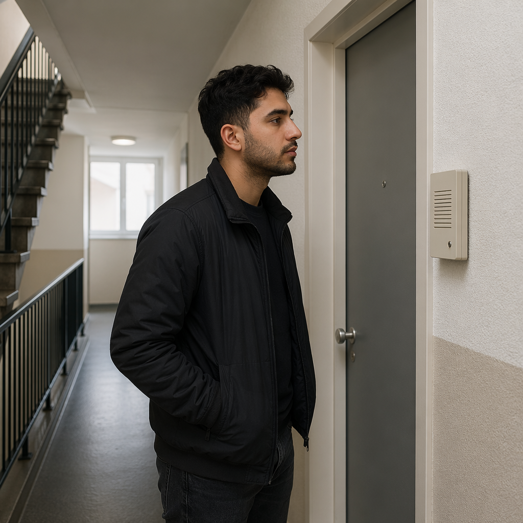 Photoreal hallway inside a Dutch apartment building. A young adult Turkish-heritage man with dark hair stands near his apartment door listening to a small wall speaker, neutral corridor with stairs and apartment doors, subtle maintenance atmosphere, no readable signs, no clocks, no numbers, no visible pipes or water containers.