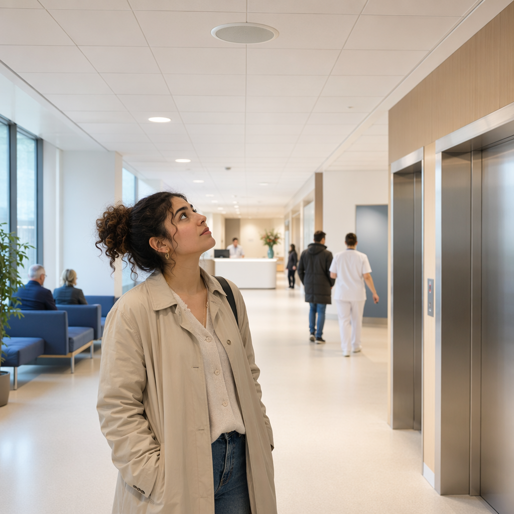Photoreal Dutch hospital corridor with a waiting area and lift lobby, a young woman with Turkish heritage in her 20s listening toward a ceiling speaker, casual coat, bright clean hallway, a reception desk far in the background, a few visitors and staff walking, no readable signs, no letters, no numbers, no arrows or symbols revealing directions or destination.