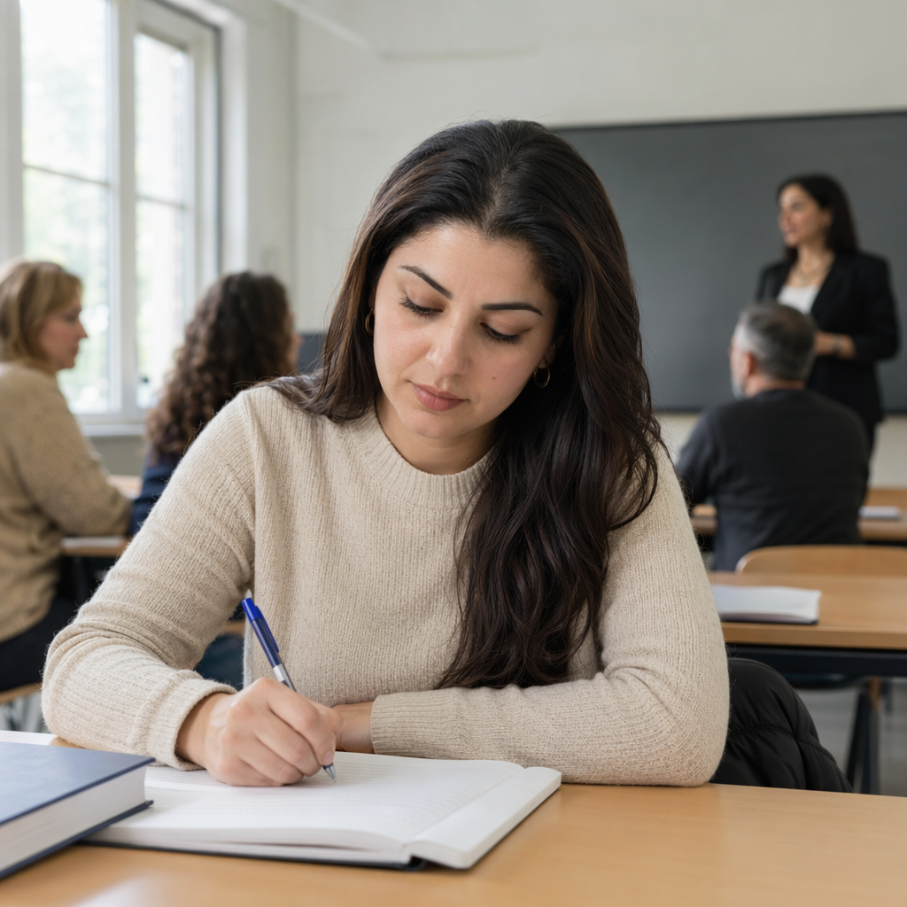 An adult woman with Turkish heritage, dark hair, casual sweater, sitting in a Dutch language classroom at a desk, writing in a notebook, focused expression, teacher blurred in the background, a few adult students present, no readable text, calm classroom atmosphere