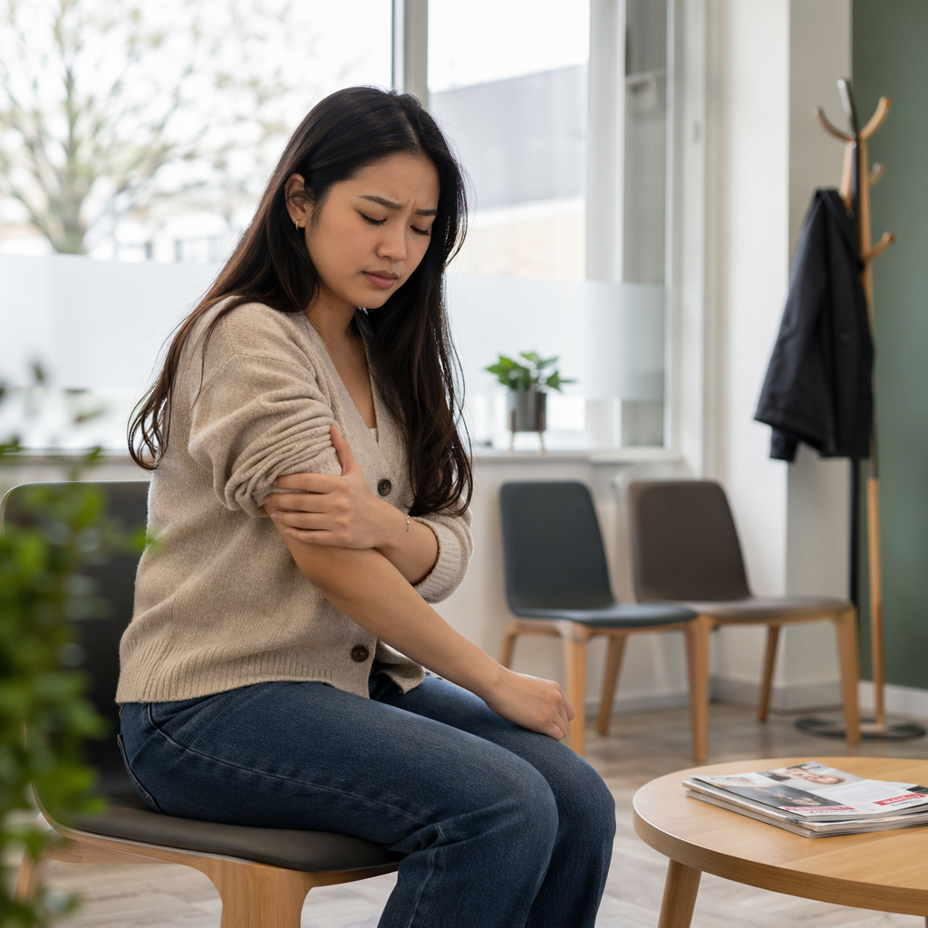 A young woman in her 20s with Indonesian heritage, straight dark hair, casual cardigan and jeans, sitting in a modern Dutch huisarts waiting room, holding one arm carefully with a mild pained expression, simple chairs, coat rack, small table with magazines, clean Dutch clinic interior, no readable text, no medical symbols, no doctor visible