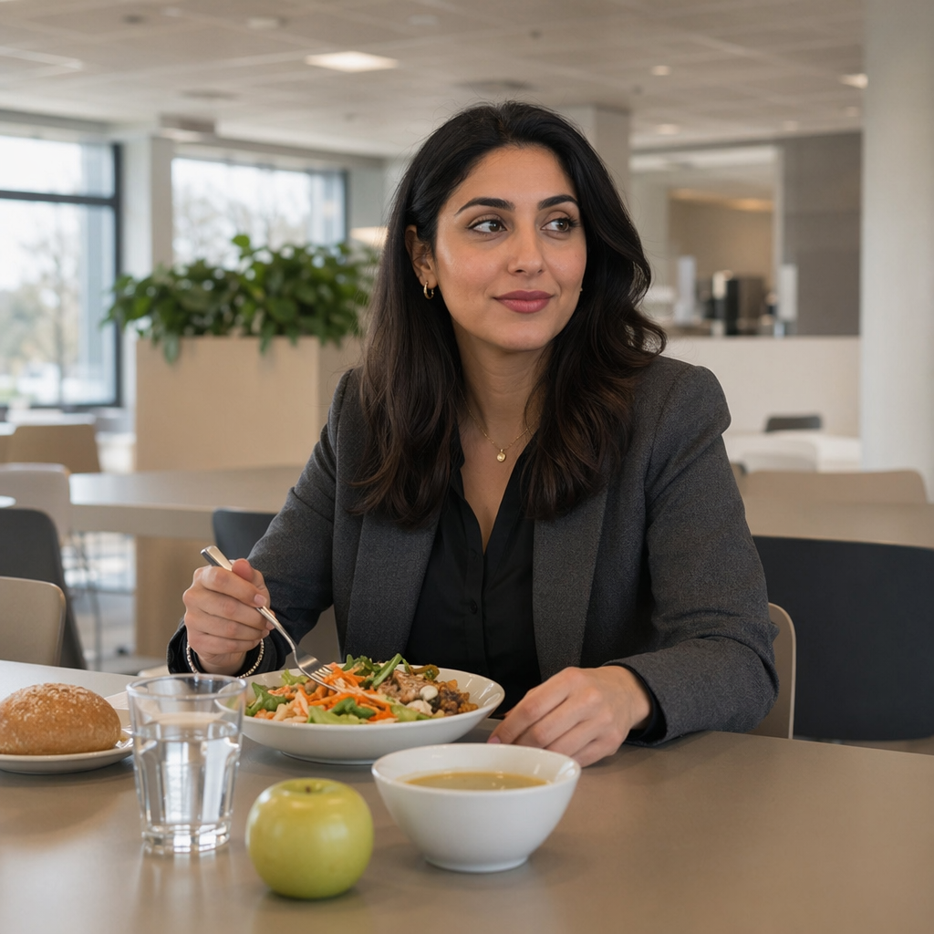 young woman with Arabic heritage in her late 20s, dark hair, casual office clothes, sitting alone in a Dutch company canteen during a work break, mid-shot at a table, she is having lunch, several simple food items and a drink visible on the table without one item dominating, neutral cafeteria background, no readable text, no logos, photorealistic