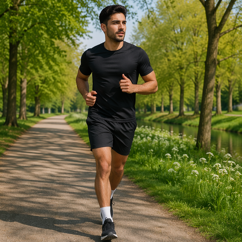 A young adult man with Turkish heritage jogging alone on a path in a Dutch city park on a sunny day, dark hair, athletic build, simple sports clothes, trees and grass around him, no readable text, no signs, no gym equipment, no iconic place markers